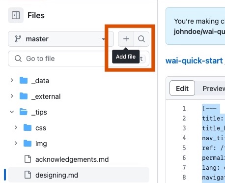 Screenshot of the edit view in GitHub, with the file tree expanded. The “+” or “Add file” button is outlined in dark orange.